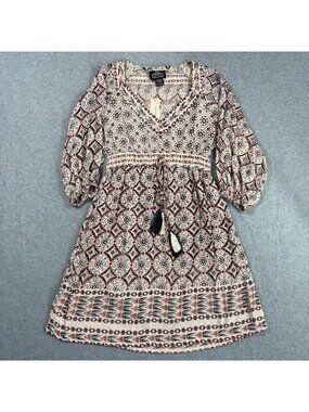 Angie NWT Boho Empire Dress Women's S Ivory Aztec Print 3/4 Sleeve Tassel Tie